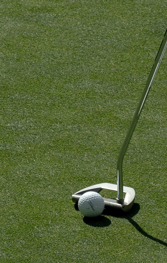 a Spoiler Putter lined up with a golf boll on the green