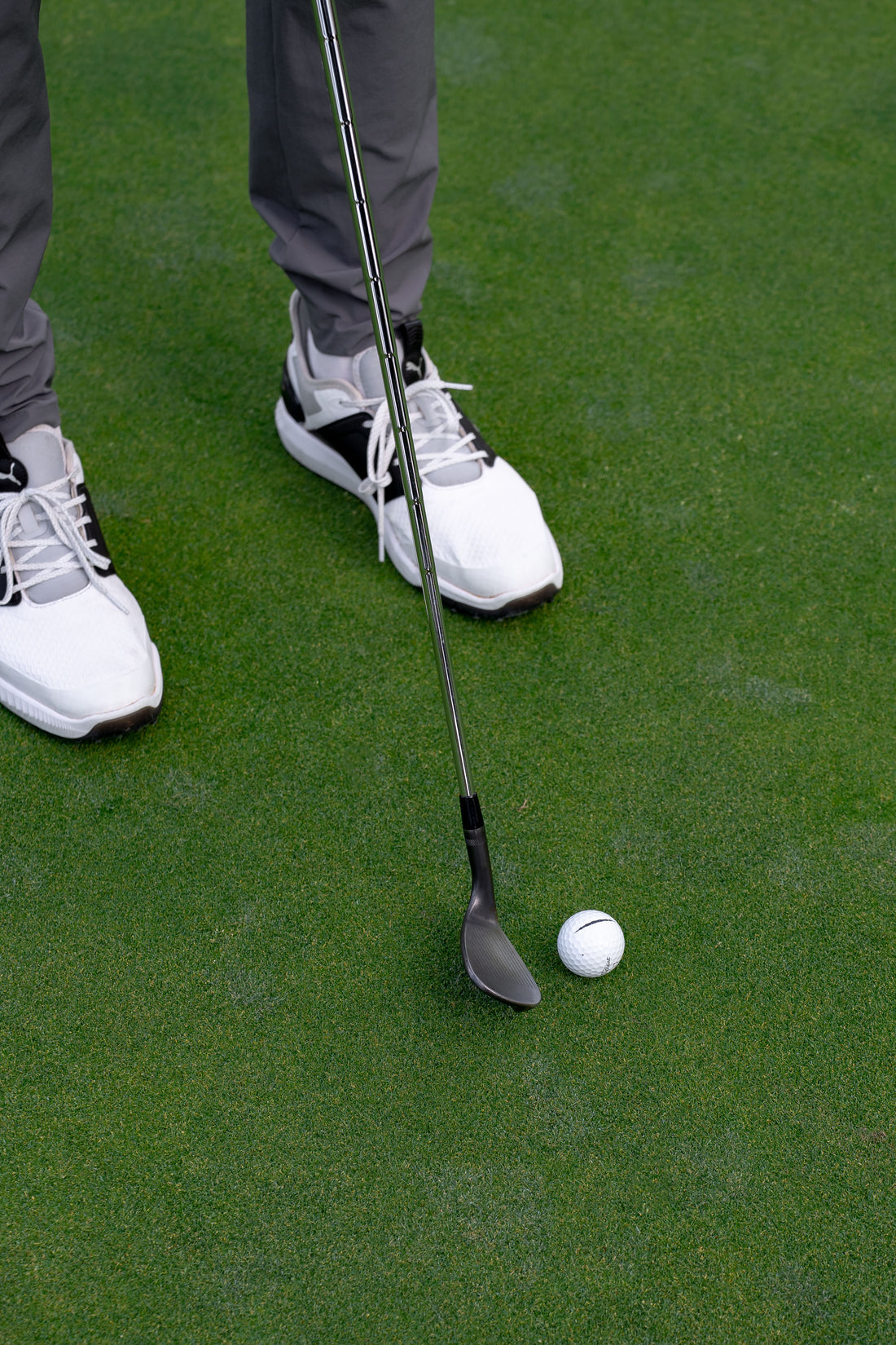 A wedge resting on a putting green beside a golf ball